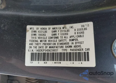 2013 Honda Accord Sport из США, поврежденный, VIN 1HGCR2F54DA238937